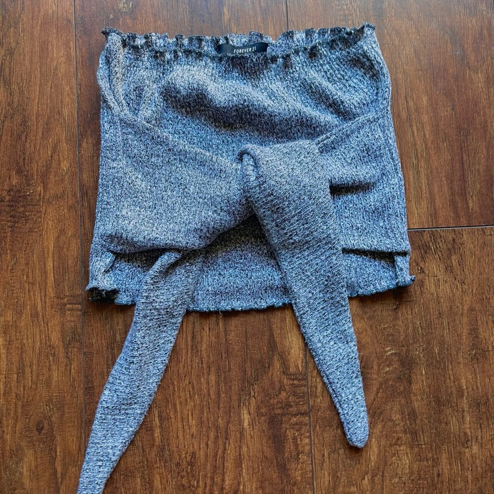 Grey strapless crop top with waist tie detail